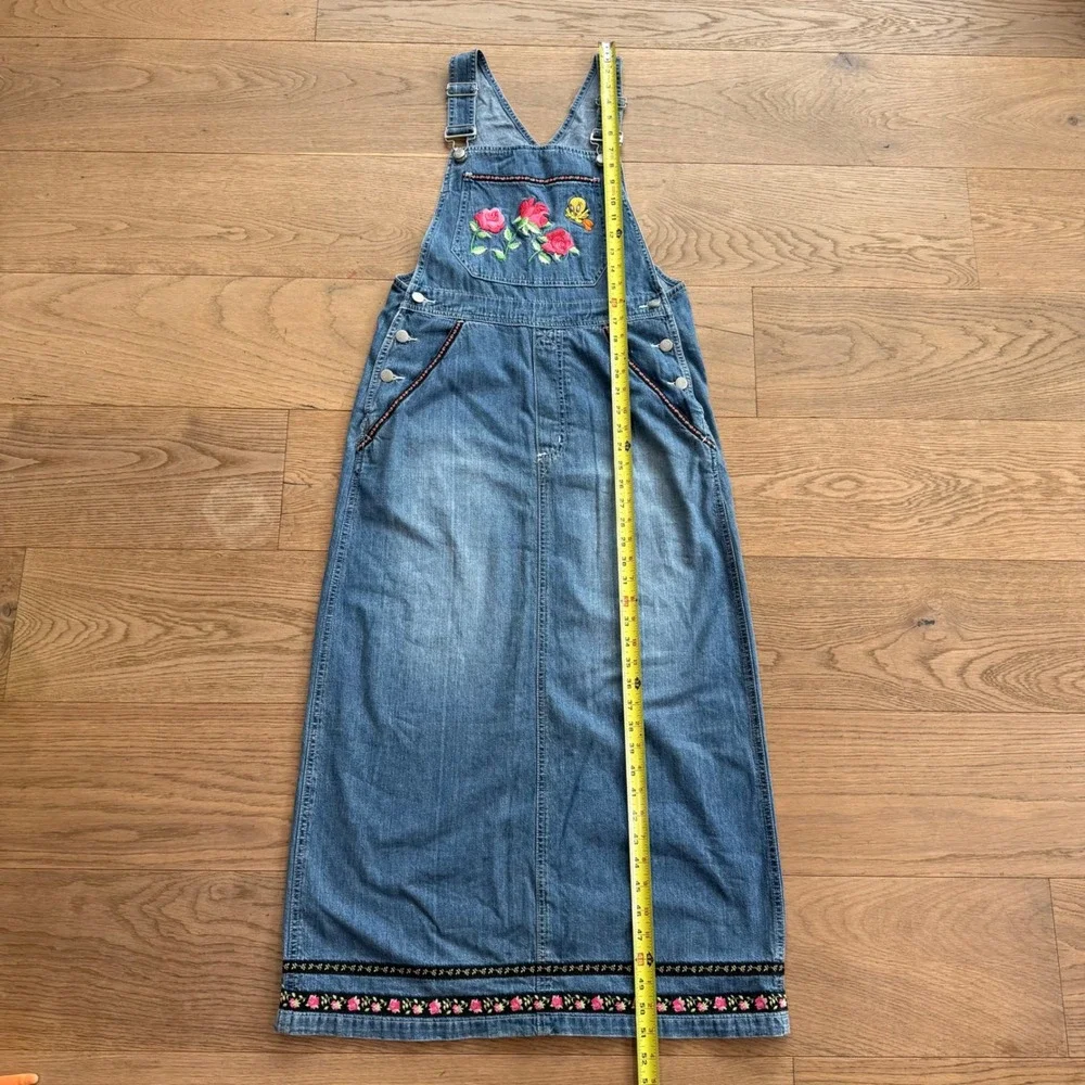 Warner Bros Studio Tweety Bird Rose Embroidered Denim Overall Maxi Dress XS NWT - Picture 7 of 10